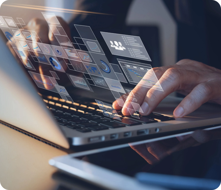 Hands working on a laptop with UI overlays